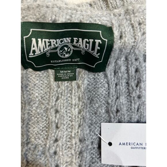 AMERICAN EAGLE Gray Grey Cardigan Chunky Cropped Grandpa Sweater Twee MEDIUM - Picture 12 of 14